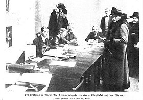 Voting at a polling station in the Wieden district of Vienna; from: Wiener Bilder, vol. 24, no. 8, 23. February 1919, page 8