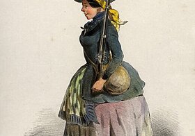 Bewaffnete junge Frau mit einem Hut der Akademischen Legion, Lithografie von Anton Zampis; aus: Erinnerungsbilder aus Wiens October-Tagen 1848. Wien um 1850