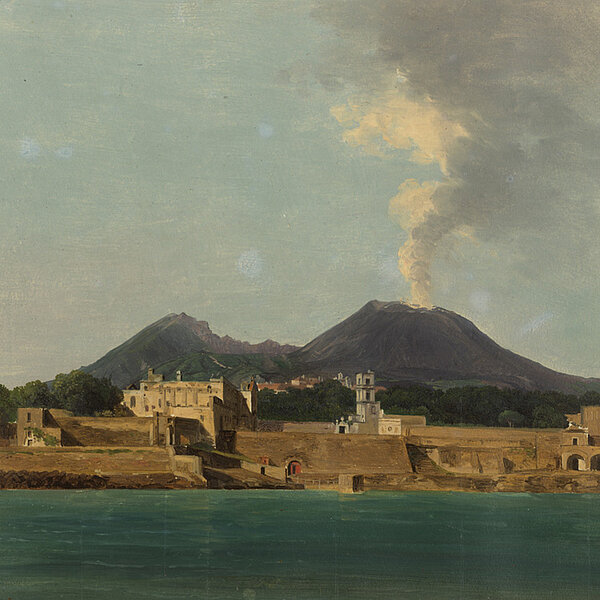 Gemälde mit Hafenansicht und rauchendem Vulkan im Hintergrund