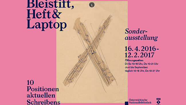 Plakat zur Sonderausstellung Bleistift, Heft & Laptop. Pinker Hintergrund, darauf eine Collage des Buchstaben X