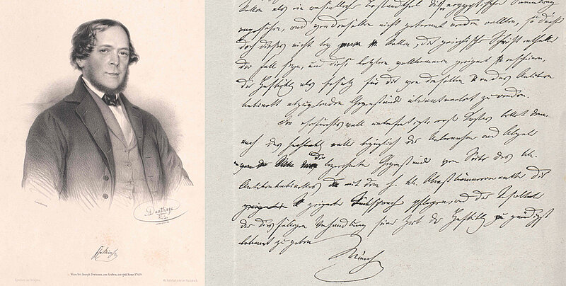 Schwarz-weiß-Porträt von Mann im Anzug, daneben handgeschriebener Brief