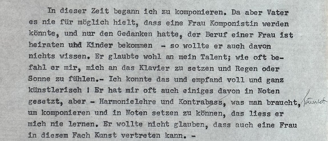 Getippter Text in dem eine Frau beschreibt, wie ihr Vater zwar ihr musikalisches Talent fördert, aber ihr das Komponieren nicht zugesteht.