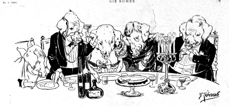 Illustration von fünf Schweinen in eleganter Kleidung an einem Tisch beim Essen und Weintrinken.