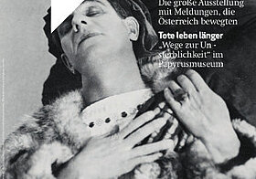 Skelett/der Tod legt dem Jedermann von hinten die Hände um den Hals, Cover des ÖNB Magazins 1/2013