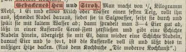 Alter Zeitungsartikel mit rot markiertem Text: "Gebackenes Heu Stroh".