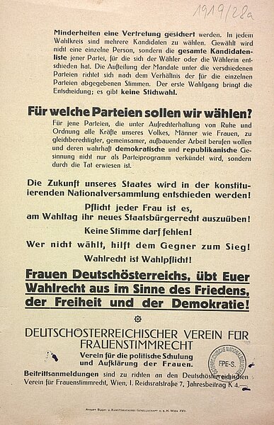 Frauen, übt euer Wahlrecht aus! Flugblatt des Deutschösterreichischen Vereins für Frauenstimmrecht, 1919, S. 2