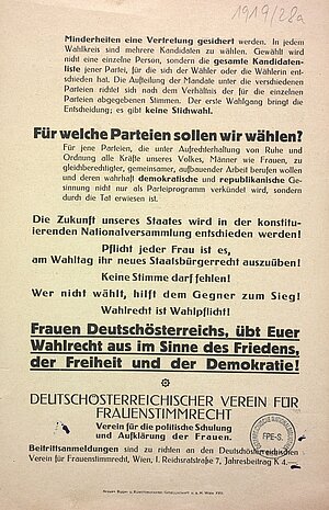 Frauen, übt euer Wahlrecht aus! Flugblatt des Deutschösterreichischen Vereins für Frauenstimmrecht, 1919, S. 2