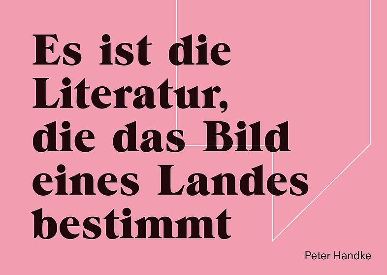 Rosa Postkarte mit Text "Es ist die Literatur, die das Bild eines Landes bestimmt"