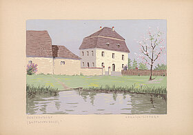 Gemaltes Bild eines stattlichen weißen Hauses an einem Teich.