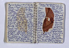 Offenes Notizbuch, mit Hand vollgeschrieben, rechts ein Stück rotes Blatt.