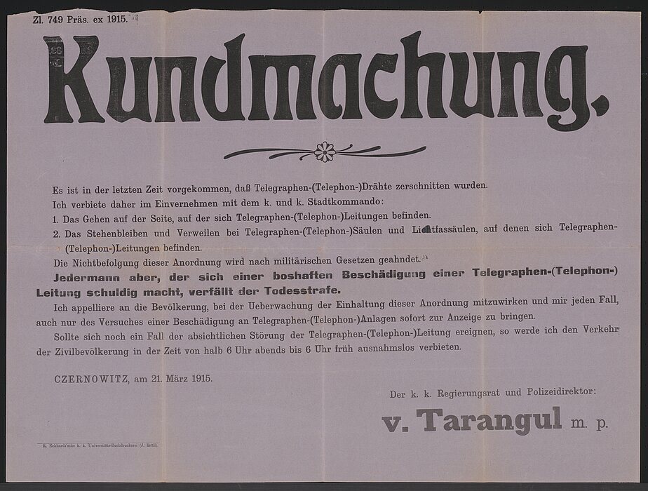 Alter Zettel mit großer Aufschrift "Kundmachung".