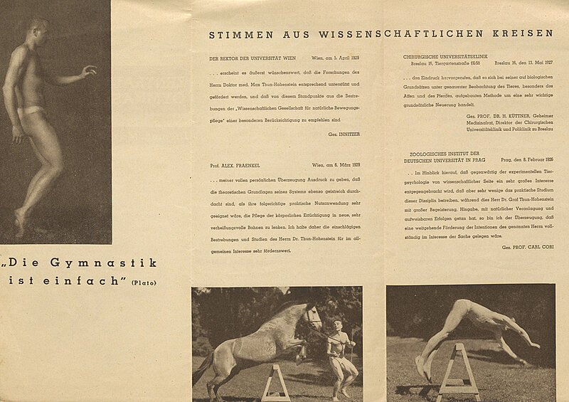 Artikel mit Fotos von Mann in Unterhose, der über eine Hürde springt sowie einem Pferd