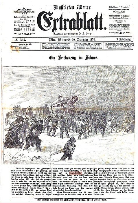 Alte Zeitung, auf der Titelseite ein Bild von Personen, die einen Sarg durch den Schnee tragen.