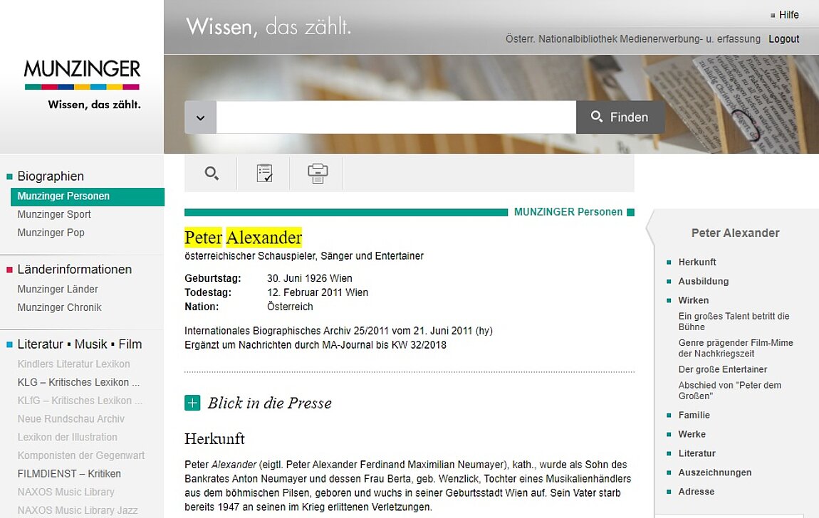 Screenshot der Datenbank MUNZINGER mit dem Suchbegriff "Peter Alexander"