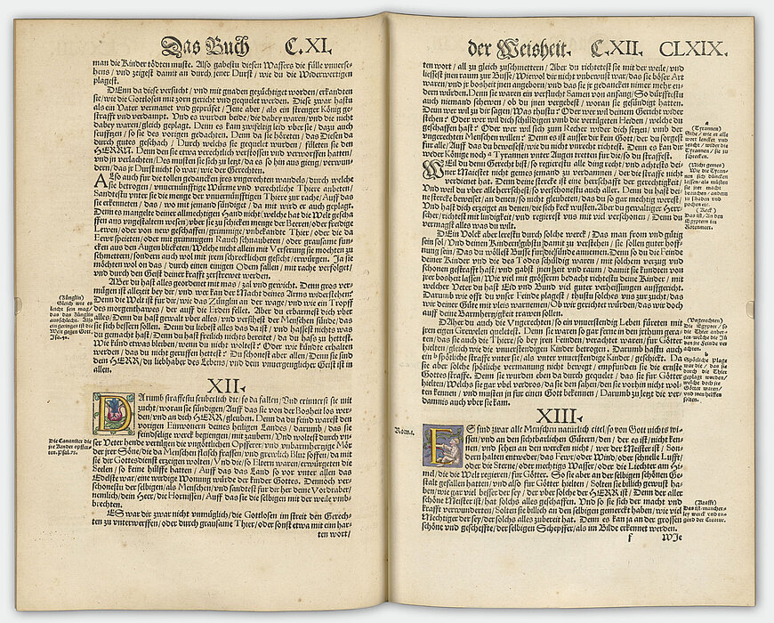 Doppelseite aus deutscher Bibel, mittelalterliche Handschrift.