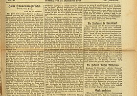 Seitz, Alma: Zum Frauenwahlrecht; aus: Wiener Neueste Nachrichten, 25. Jg., Nr. 47, 25. November 1918, Seite 1