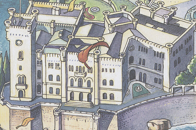 Comicbild einer Burg am Wasser von oben