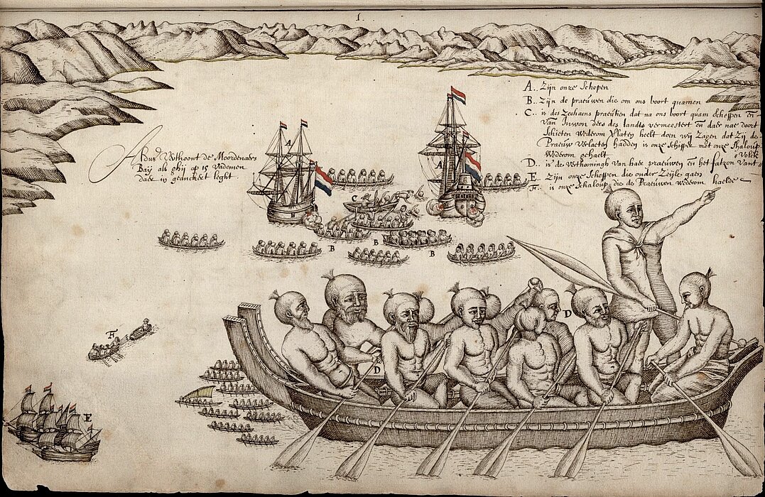 Zeichnung einer Bucht, am Wasser zwei große Schiffe und viele kleine Ruderboote mit Menschen darin.