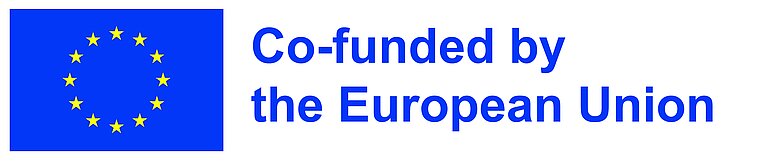 Logo with blue flag with a circle of yellow stars, text: Co-funded by the European Union.