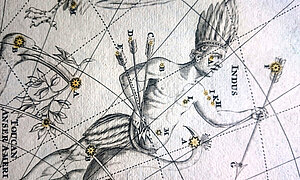 Das Sternbild des Indianers mit Federschmuck. Detail aus Doppelmayr, Johann Gabriel: Globi Coelestis in Tabulas Planas redacti Pars VI.- Nürnberg, Homann nach 1730
