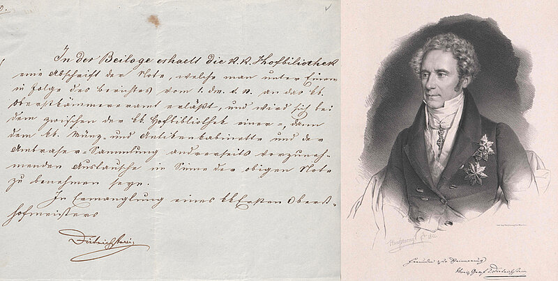 Schwarz-weiß-Porträt von Mann im Anzug mit Orden und Locken, daneben handgeschriebener Brief