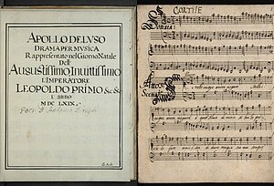 The title page and the beginning of the third act of “Apollo deluso”, which music was written by emperor Leopold I with “poesia” by Antonio Draghi. (Mus.Hs.16898 Mus) – Austrian National Library – Public Domain