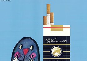 Werbeplakat mit der Illustration eines Walrosses und einer Packung Zigaretten auf hellblauem Hintergrund.