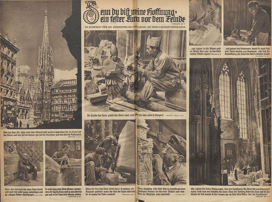 Doppelseite aus einer Zeitung mit schwarz-weißen Fotos einer Kirche.