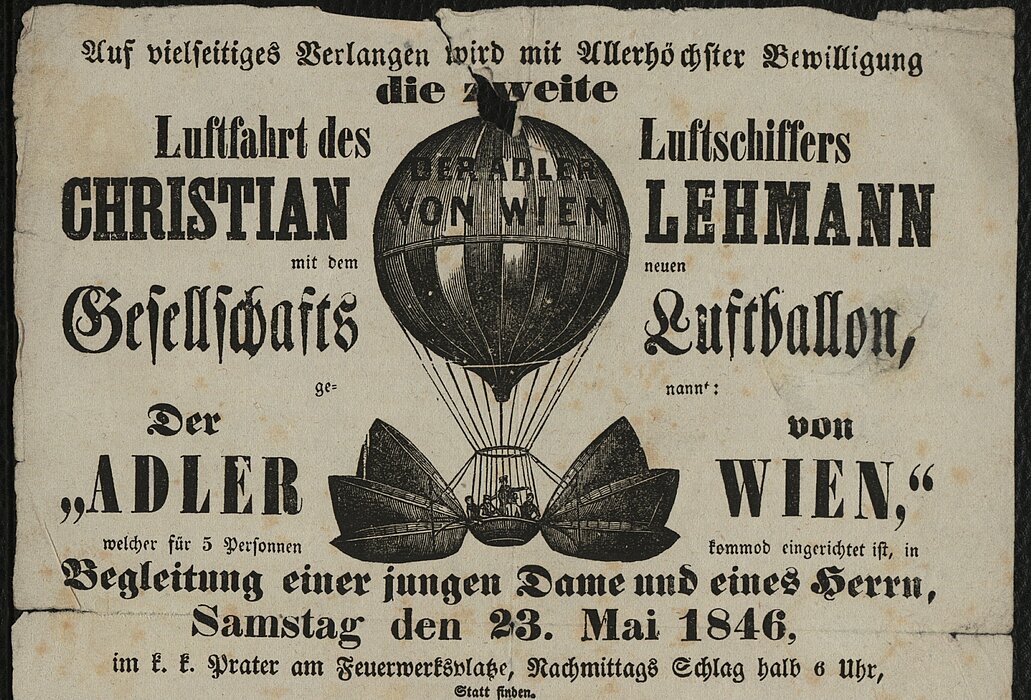 Altes Flugblatt mit Zeichnung eines Heißluftballons und Ankündigung eines Flugs.
