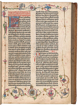 Wien ÖNB Ink  3 B 14, Bd. 1, Fol. 1 recto: Erstsatz mit 40 Zeilen; Kapitelanfang in rot gedruckt; Monogramm BE unten