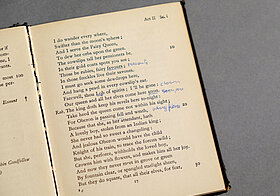 Englischer Text, in dem blau unterstrichen und reingeschrieben wurde