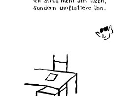 Zeichnung von Tisch, um den ein Gesicht herumfliegt, mit Text: "Die Gegenwart ist gespenstisch, ich sitze nicht am Tisch, sondern umflattere ihn."