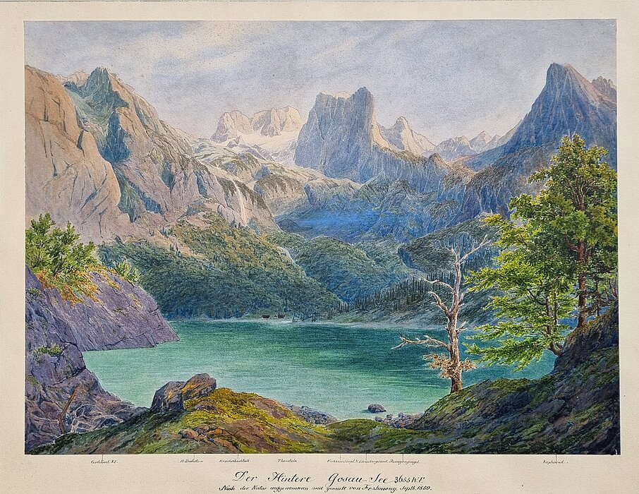 Gemälde, das einen Bergsee zeigt.