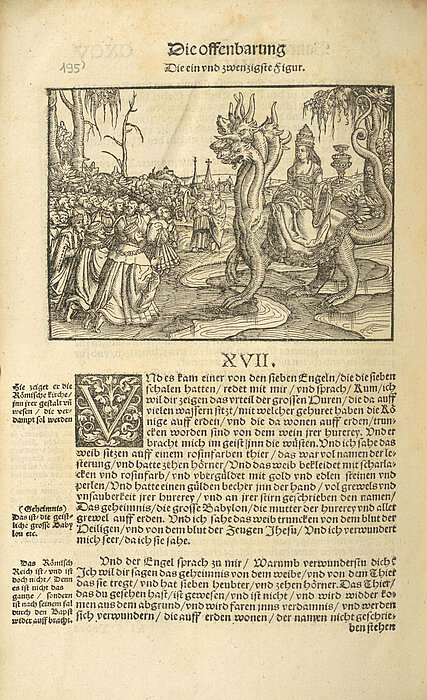 Person auf Fabelwesen reitend mit Papsttiara auf Buchseite.