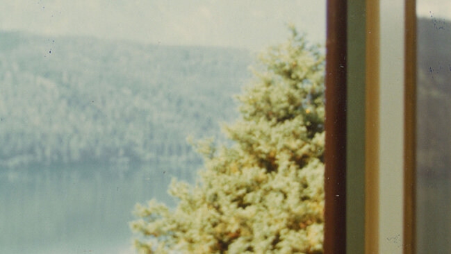 Helles Foto durch ein Fenster auf einen See mit Bergen und Wald.
