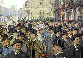 Menschenansammlung auf der Wiener Ringstraße am Cover des ÖNB Magazins 1/2015