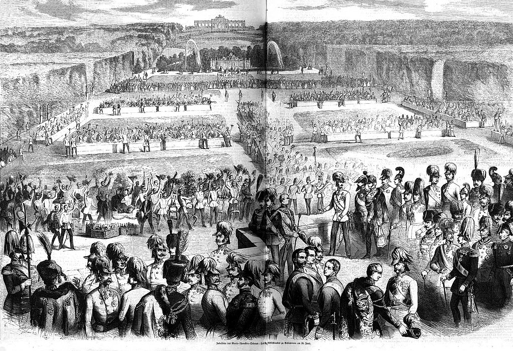 Uniformierte Männer bei Jubelfeier i Garten von Schloss Schönbrunn, schwarz-weiße Druckgrafik.