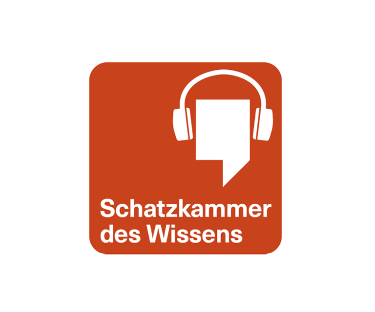 Rotes Logo mit Kopfhörern und Text "Schatzkammer des Wissens"