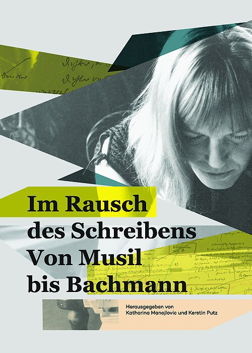 Buchcover mit Titel "Im Rausch des Schreibens. Von Musil bis Bachmann" mit Foto von Person beim Schreiben.