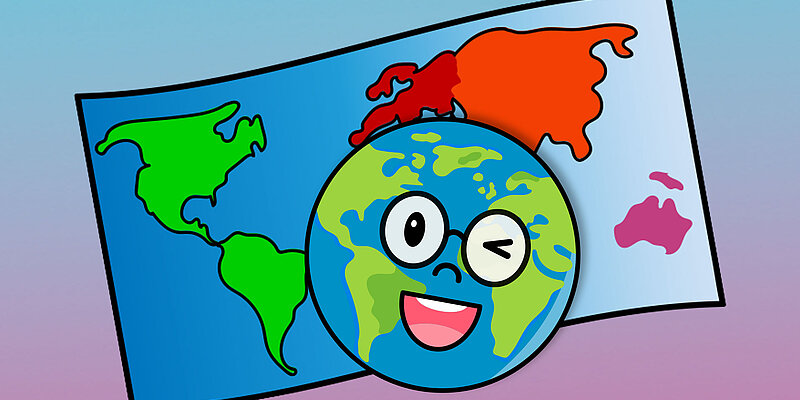Grafik von Globus mit Brille und Gesicht der zwinkert, dahinter bunte Weltkarte