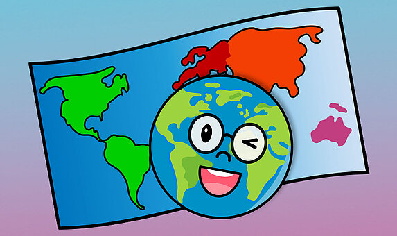 Grafik von Globus mit Brille und Gesicht der zwinkert, dahinter bunte Weltkarte