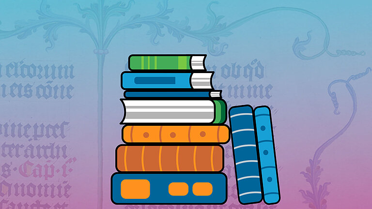 Zeichnung eines bunten Bücherstapels.