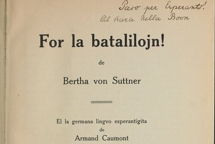 Titelblatt von "For la batalilojn!": Esperanto-Version des Romans "Die Waffen nieder!" von Bertha von Suttner, Dresden 1914