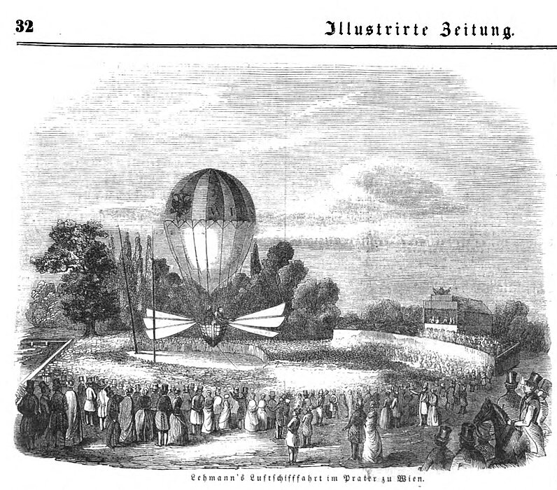 Zeichnung eines Heißluftballons beim Abheben, rundherum eine Menschenmenge.
