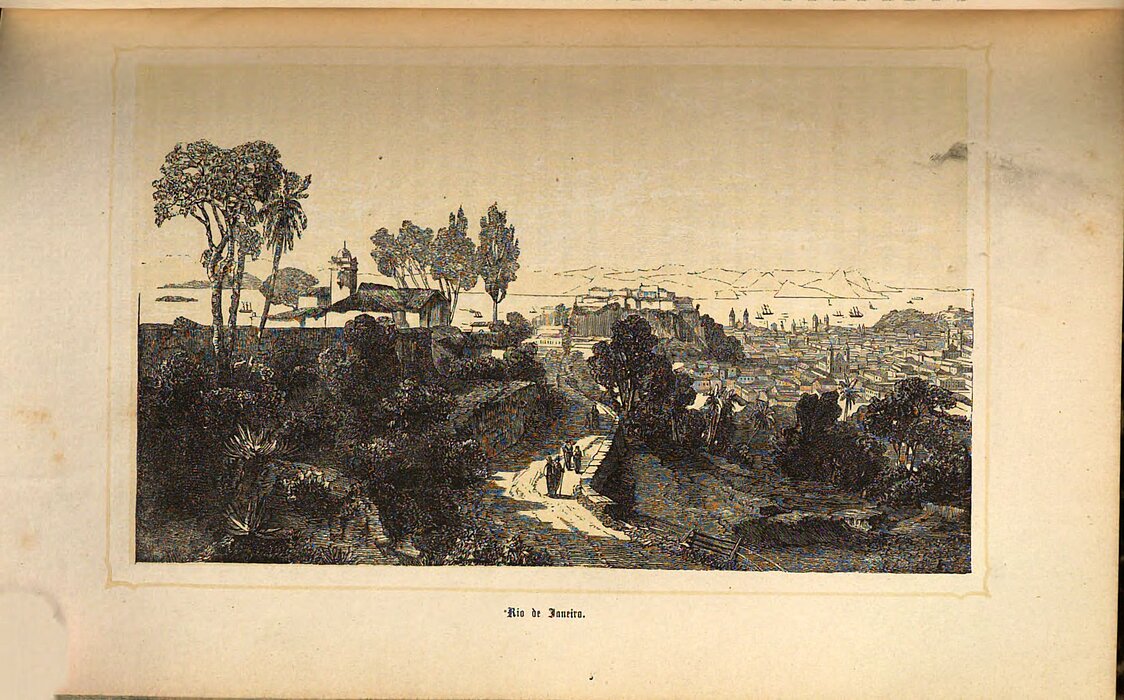 Zeichnung von Landschaft mit Hügeln und Stadt.