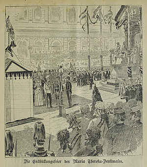 Xylografie aus dem „Neuigkeitsweltblatt“ vom 17. Mai 1888 S. 23: Kaiser Franz Joseph im Gespräch mit Caspar Zumbusch