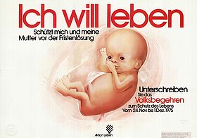 Werbung mit Illustration eines Embryos in Utero mit Text "Ich will leben".