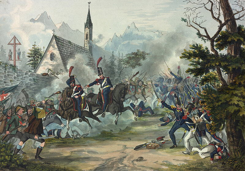Kampfszene zwischen zwei Armeen vor Kirche in Bergdorf