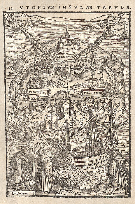 Kupferstich der Insel Utopia.