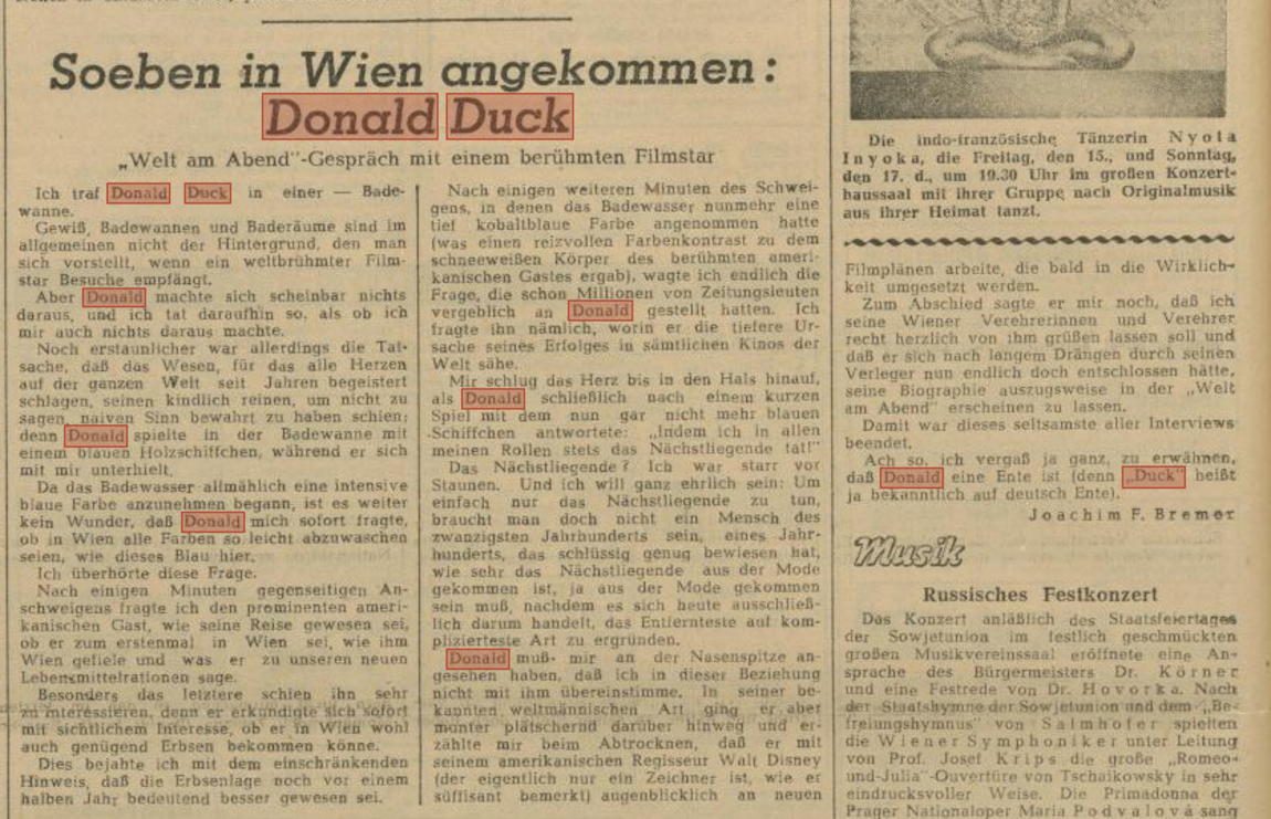 Screenshot einer gescannten, alten Zeitung mit einem Interview mit Donald Duck. Sein Name ist mehrmals rot markiert.